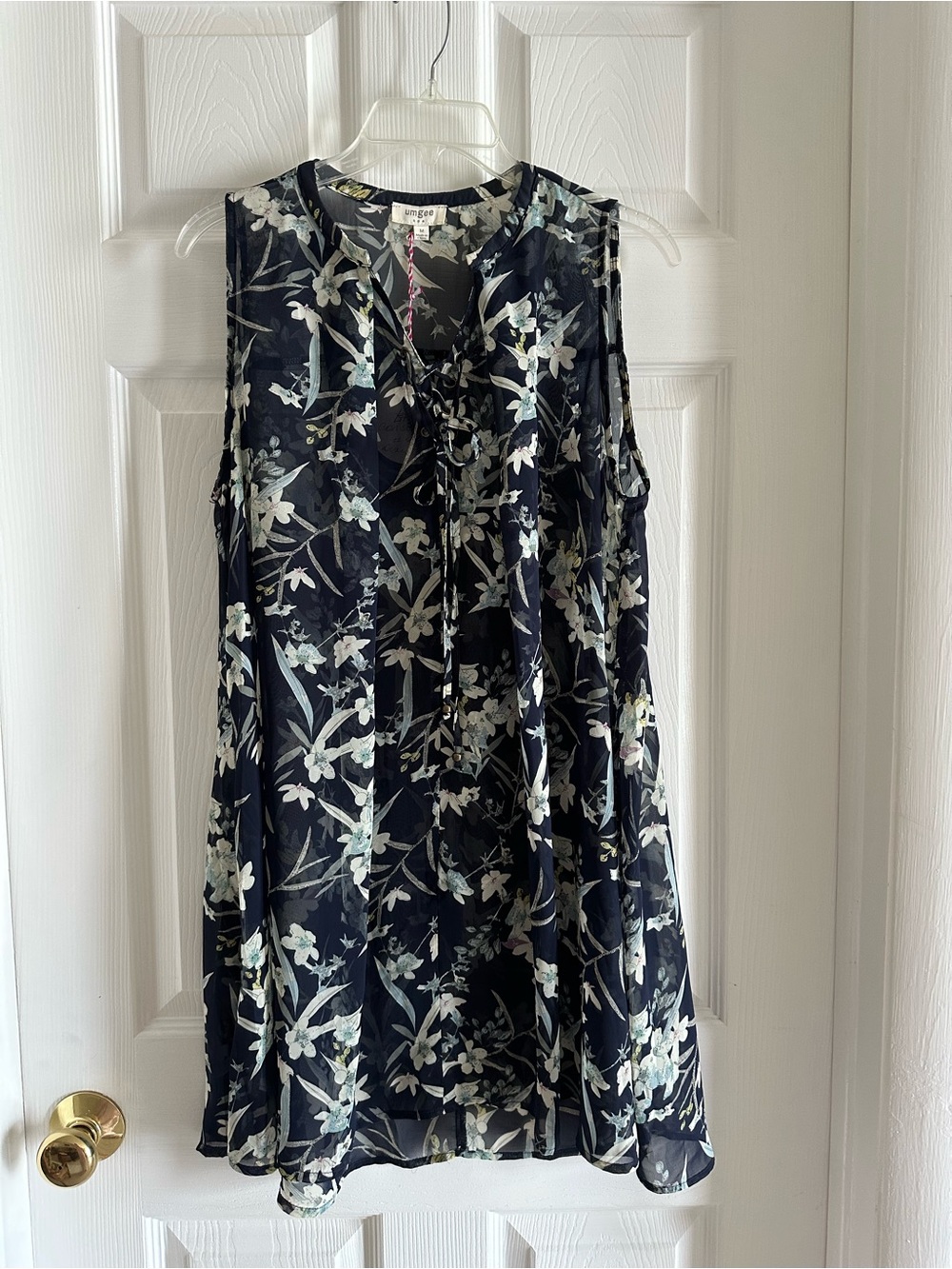 Unger Sheer Sleeveless Navy Floral Tunic Top/Tie-Neck Dress